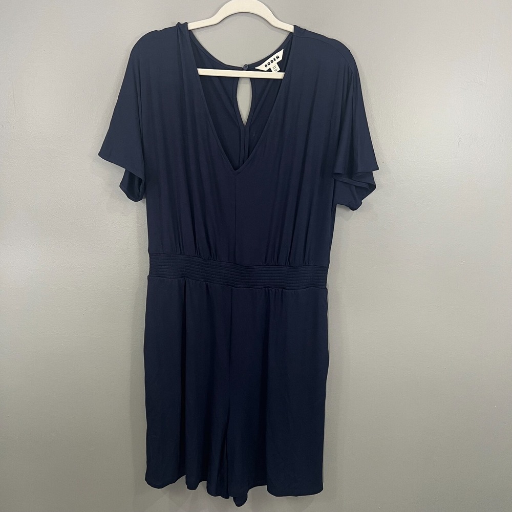 Boden Romper Women 10T Navy Blue Great Smocked Waist V-Neck Keyhole D0991